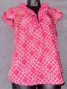 Elizabeth McKay Red and White Ruffled Mandarin Collar Blouse